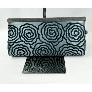 Blue Satin & Suede Clutch with Velvet Embossed Flowers